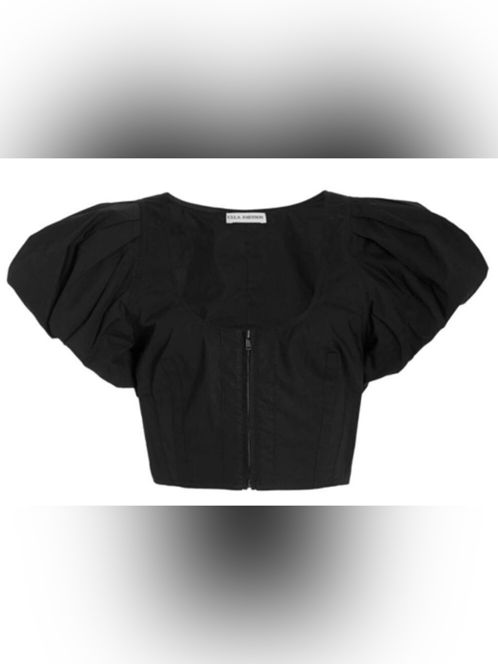 ULLA JOHNSON Kalena Zip Top Shirt Black Crop Puff Sleeve Size 14 XL
